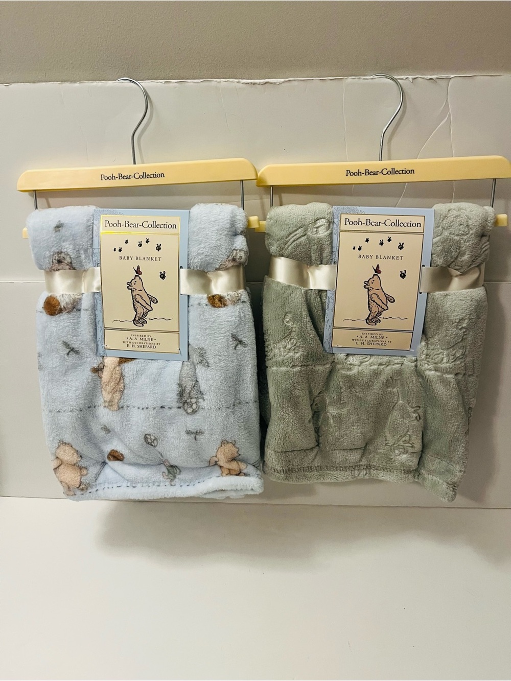 Winnie the Pooh Bear Collection Lot of 2 Baby Blankets Embossed Green Sports Owl